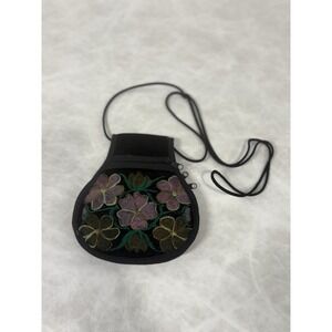Handmade Floral Embroidered Cotton Coin Pouch Crossbody Bag‎ Guatemala Black